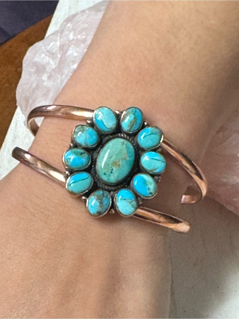 Kingman Mojave Turquoise Floral Cluster COPPER Cuff Bracelet - Size 6.5 - 8